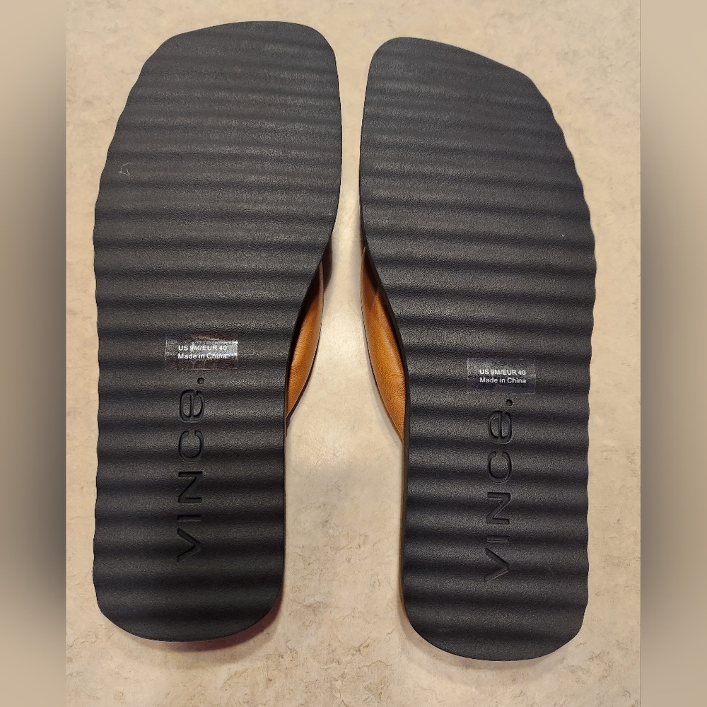 Vince Black Footbed Sandal with Tan Padded Thong Straps - Picture 3 of 5